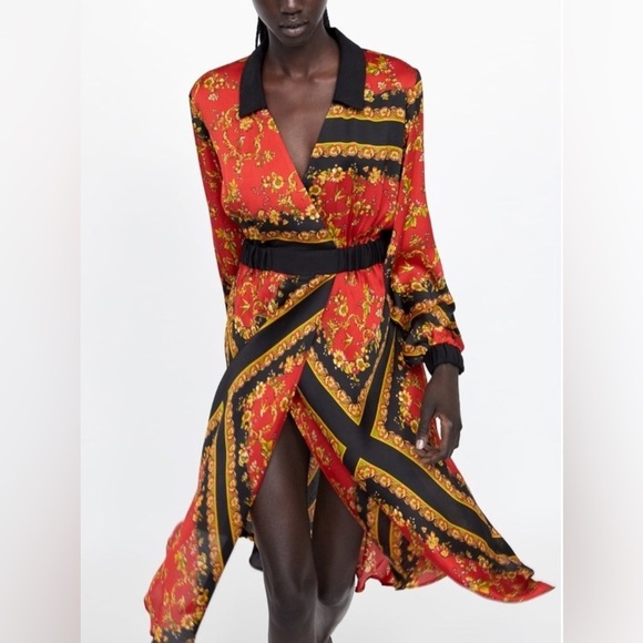 ZARA RED FLORAL Brocade Satin Effect  PRINT MIDI DRESS FLOWING - Picture 1 of 10